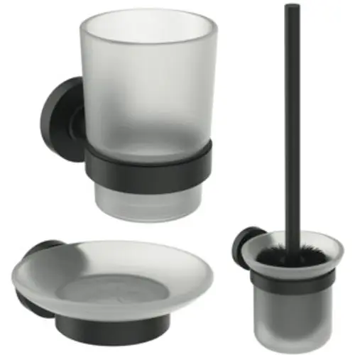 Zubehörset von Ideal Standard mit einer WC-Bürste, einem Mundglas und einer Seifenschale in transparentem Finish mit schwarzen Halterungen.